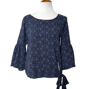 Michael Kors Heart Print Tie Waist 3/4 Bell Sleeve Navy Blue Red Peasant Top S